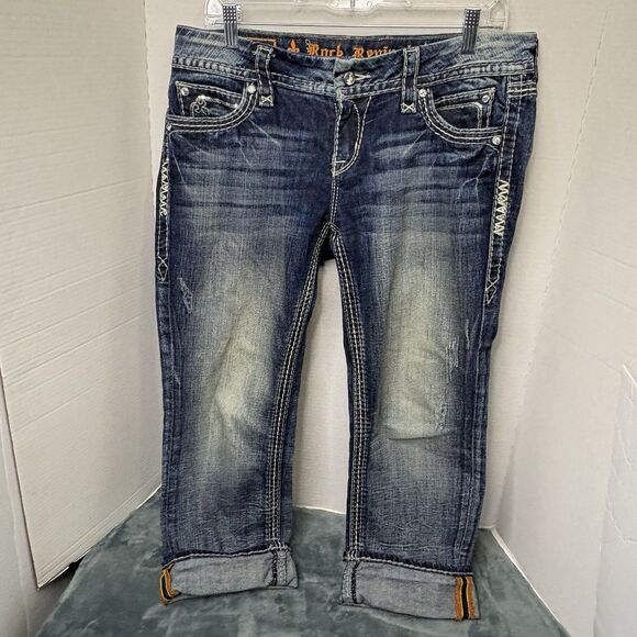 WOMENS Rock Revival LYNKAI Crystal Rhinestone Stitched Easy Crop Jeans 32 Y2K - Picture 1 of 16